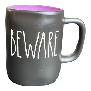 Rae Dunn Halloween BEWARE Mug Black With Purple Interior
